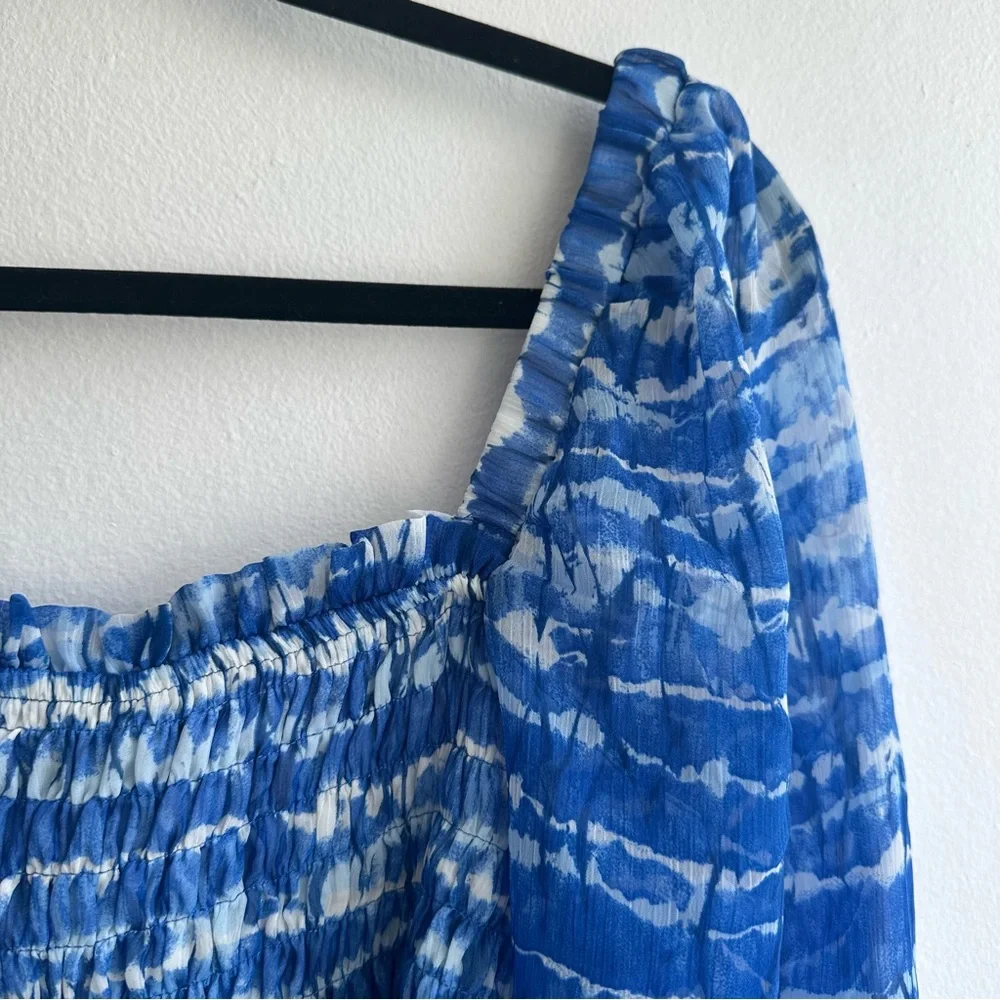 ZARA Blue Tie-Dye Smocked Puff Sleeve Top – Coastal Boho Festival Vibes Size L